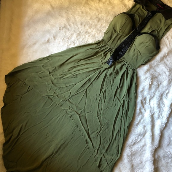 Olive Green Dress High Low Leather Details - Picture 5 of 5